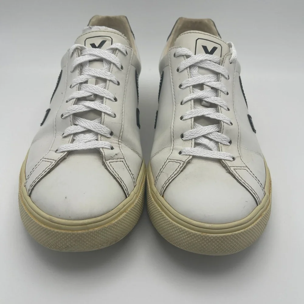 Veja Women 8 White Black Esplar Leather Low Top Sneakers Logo